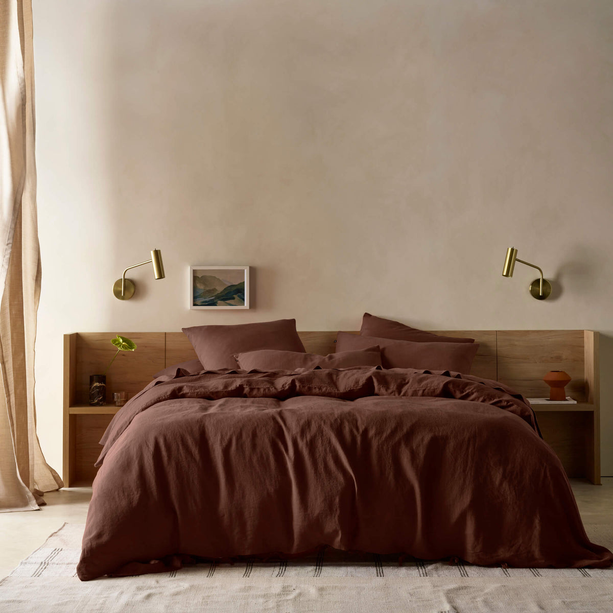 The Honest Label Pure Linen Quilt Cover Set Incl Pillowcases in Cacao with brown tones pillowcase styled option view