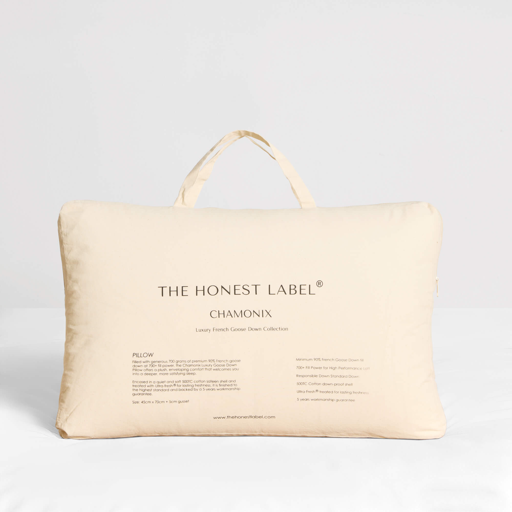 The Honest Label Chamonix Luxury French 90/10 Goose Down Pillow pillowcase lifestyle view THL product image 5