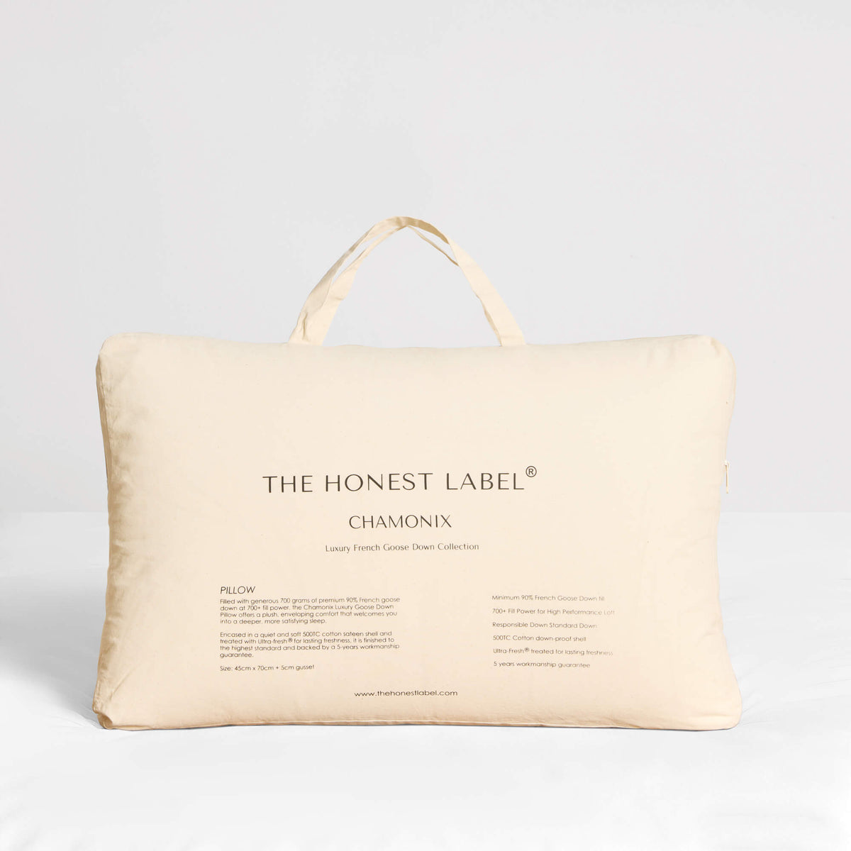 The Honest Label Chamonix Luxury French 90/10 Goose Down Pillow pillowcase lifestyle view THL product image 5