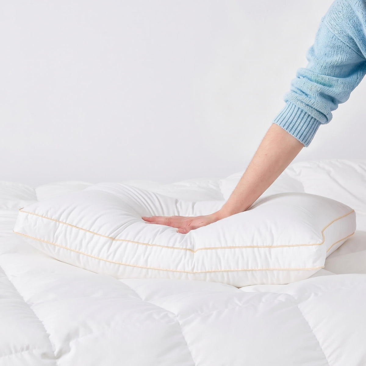 The Honest Label Chamonix Luxury French 90/10 Goose Down Pillow pillowcase lifestyle view THL product image 2