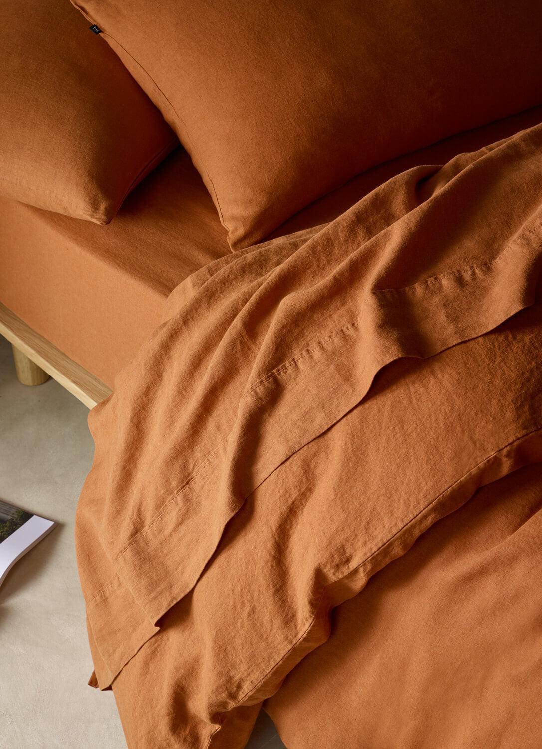 The Honest Label Pure Linen Fitted Sheet in Red Earth with red tones fitted sheet product view THL product image 2