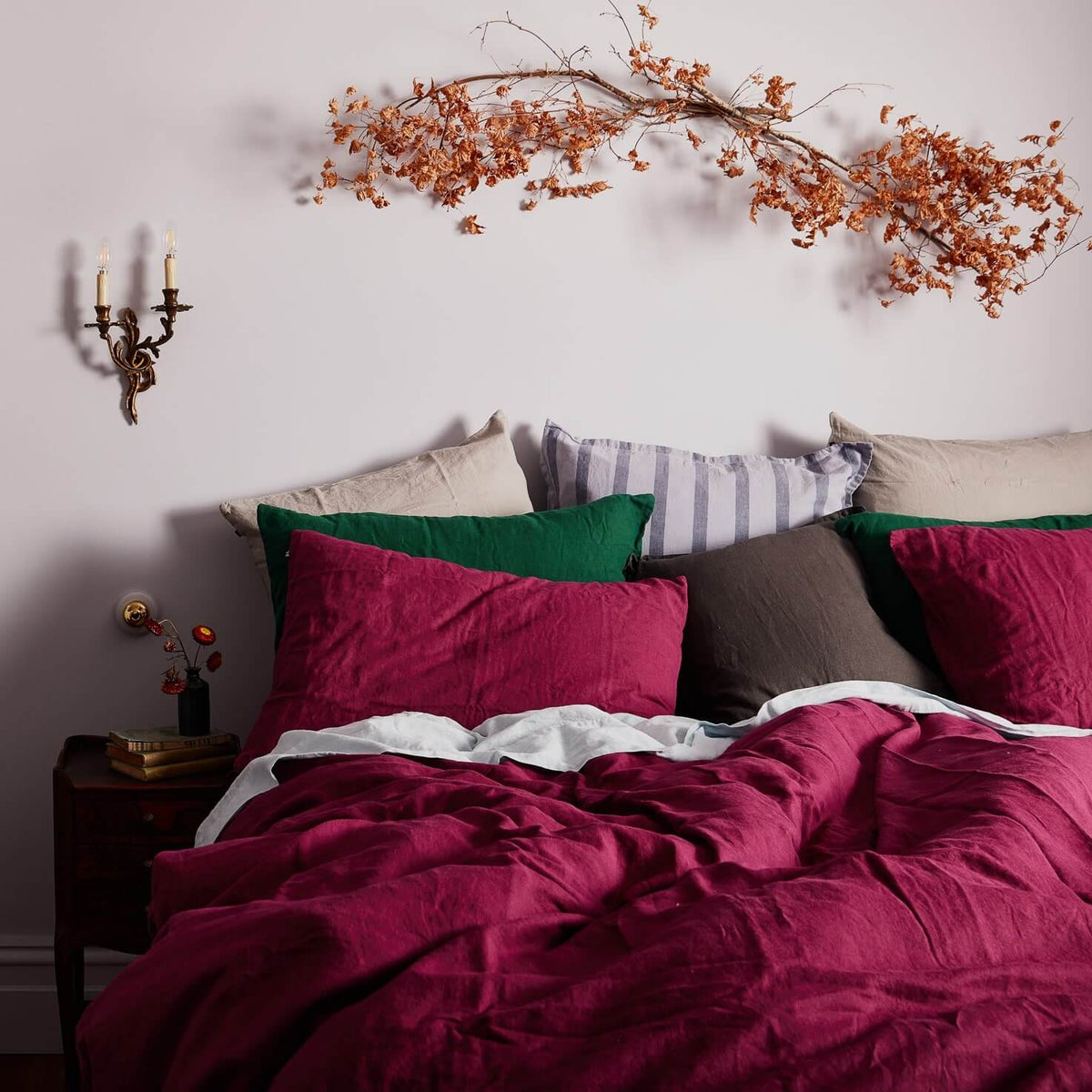 The Honest Label Pure Linen Standard Pillowcase (2 Pack) in Magenta with pink tones pillowcase styled bedroom view THL product image 2