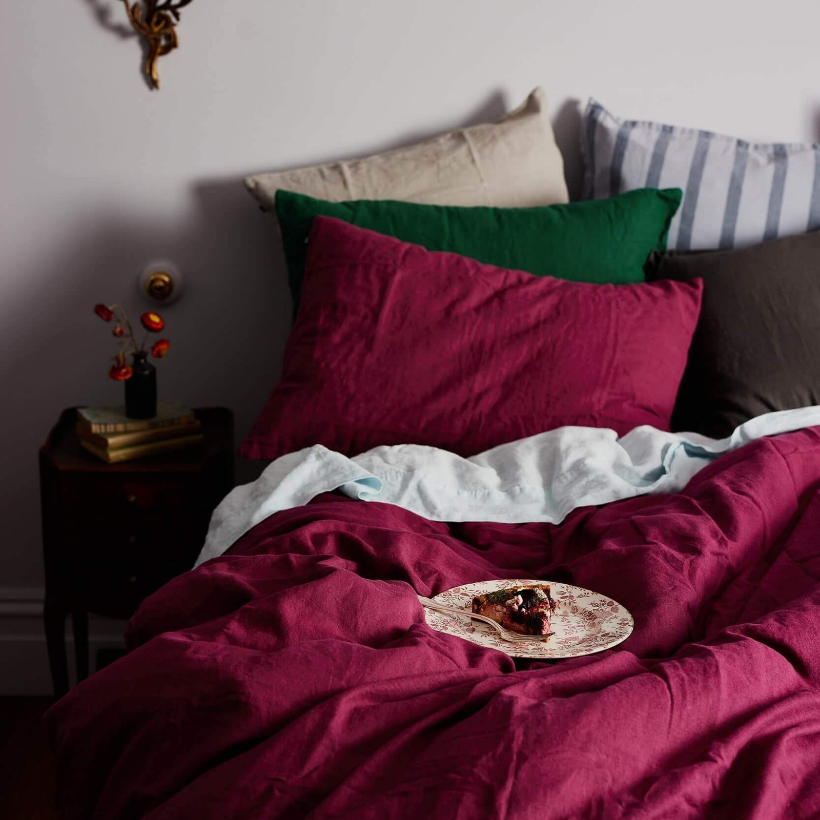 The Honest Label Pure Linen European Pillowcase in Magenta with pink tones pillowcase styled bedroom view THL product image 1