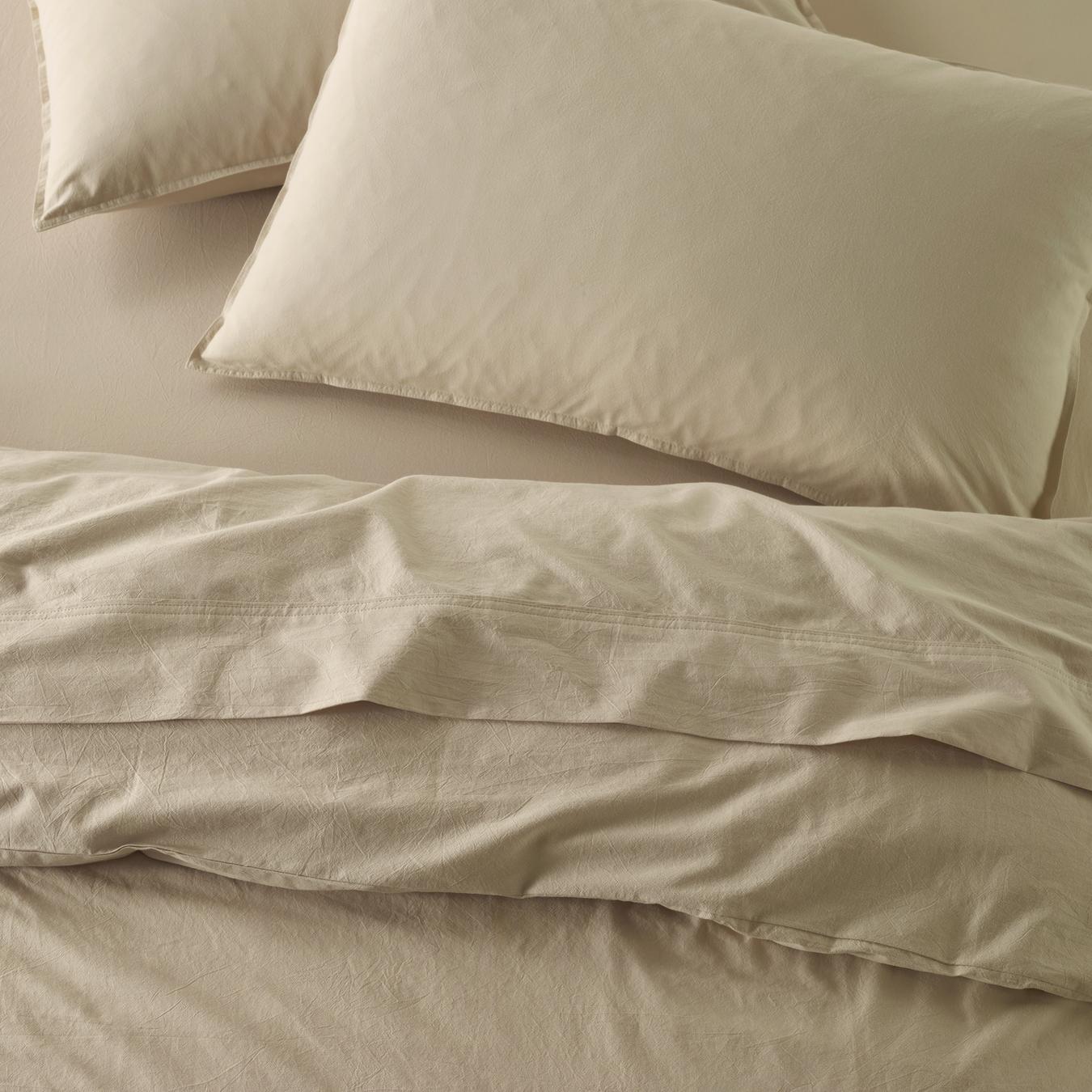 The Honest Label washed cotton bedding in Flax, overhead view