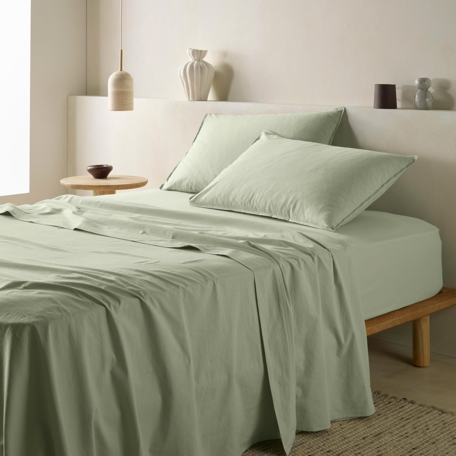 The Honest Label washed cotton bedding in Sage, product detail view