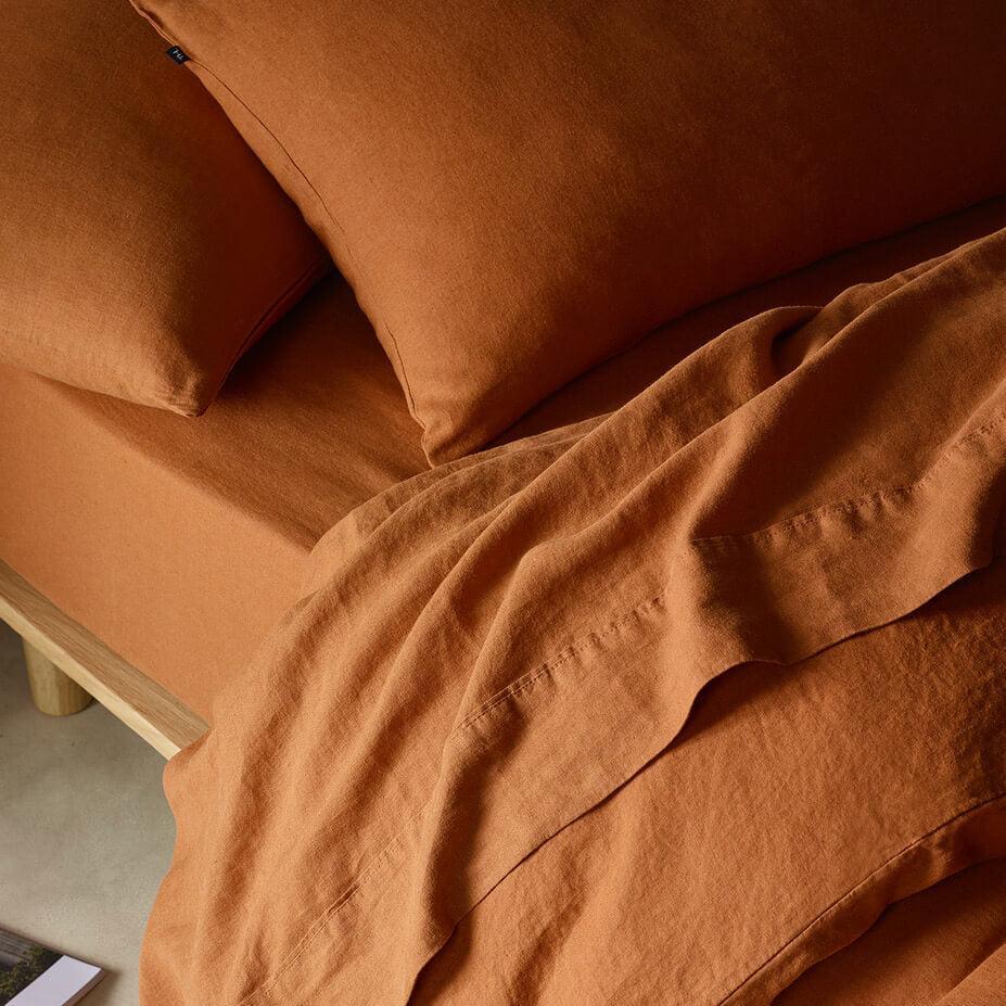 The Honest Label Pure Linen Quilt Cover Set Incl Pillowcases in Red Earth with red tones pillowcase product view THL product image 4
