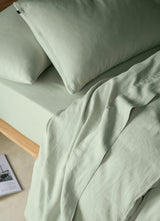 The Honest Label Pure Linen Fitted Sheet in Sage with green tones fitted sheet product view THL product image 2
