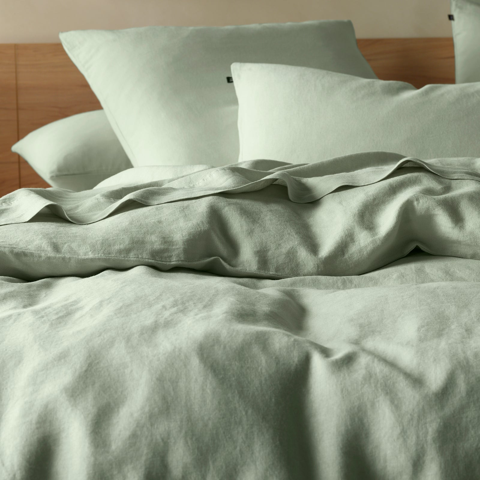 The Honest Label Pure Linen Quilt Cover Set Incl Pillowcases in Sage with green tones pillowcase product view THL product image 1