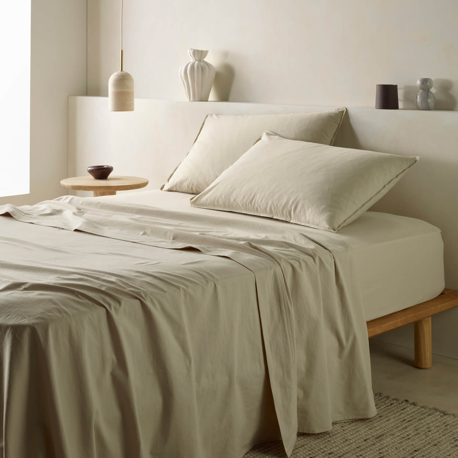 The Honest Label Washed Cotton Flat Sheet in Flax with beige tones flat sheet product view THL product image 1