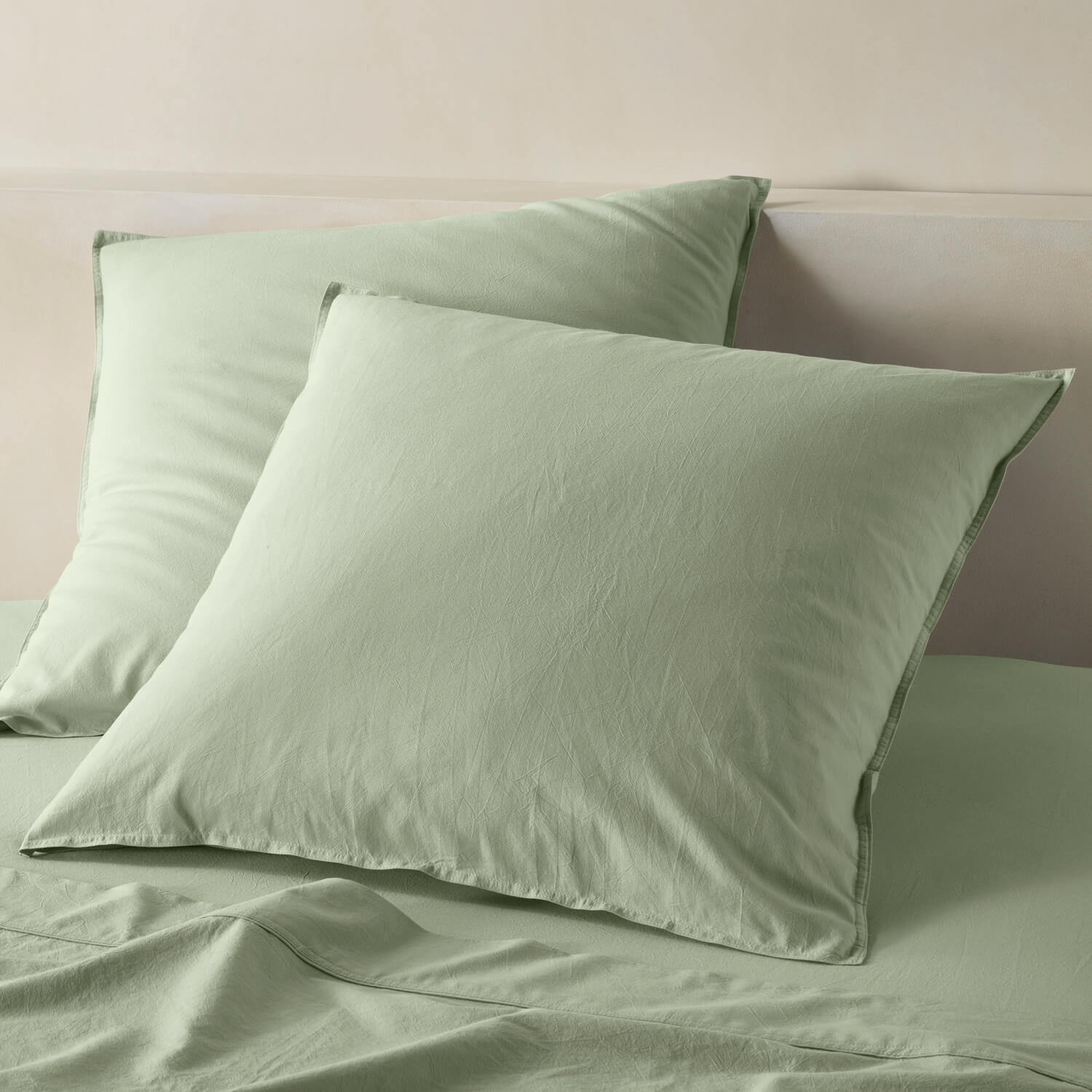 The Honest Label Washed Cotton European Pillowcase in Sage with green tones pillowcase product view THL product image 1