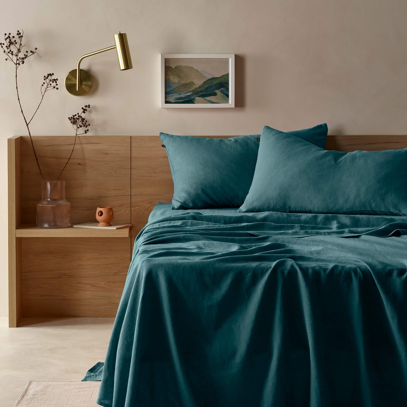 The Honest Label Pure Linen Standard Pillowcase (2 Pack) in Teal with green tones pillowcase product view THL product image 3