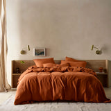 The Honest Label Pure Linen Quilt Cover Set Incl Pillowcases in Terracotta with red tones pillowcase styled option view