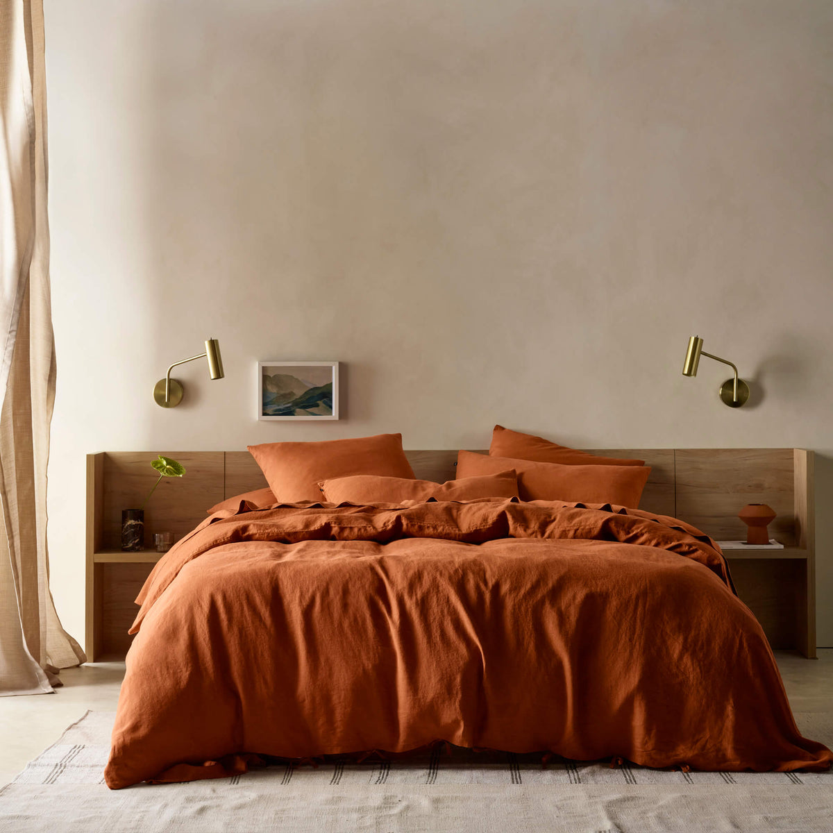 The Honest Label Pure Linen Quilt Cover Set Incl Pillowcases in Terracotta with red tones pillowcase styled option view