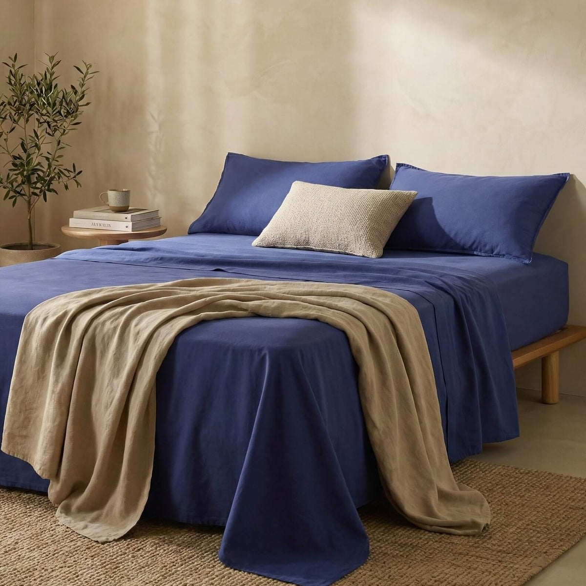 The Honest Label Washed Cotton Bedding - Cobalt with blue tones flat sheet product view THL product image 1
