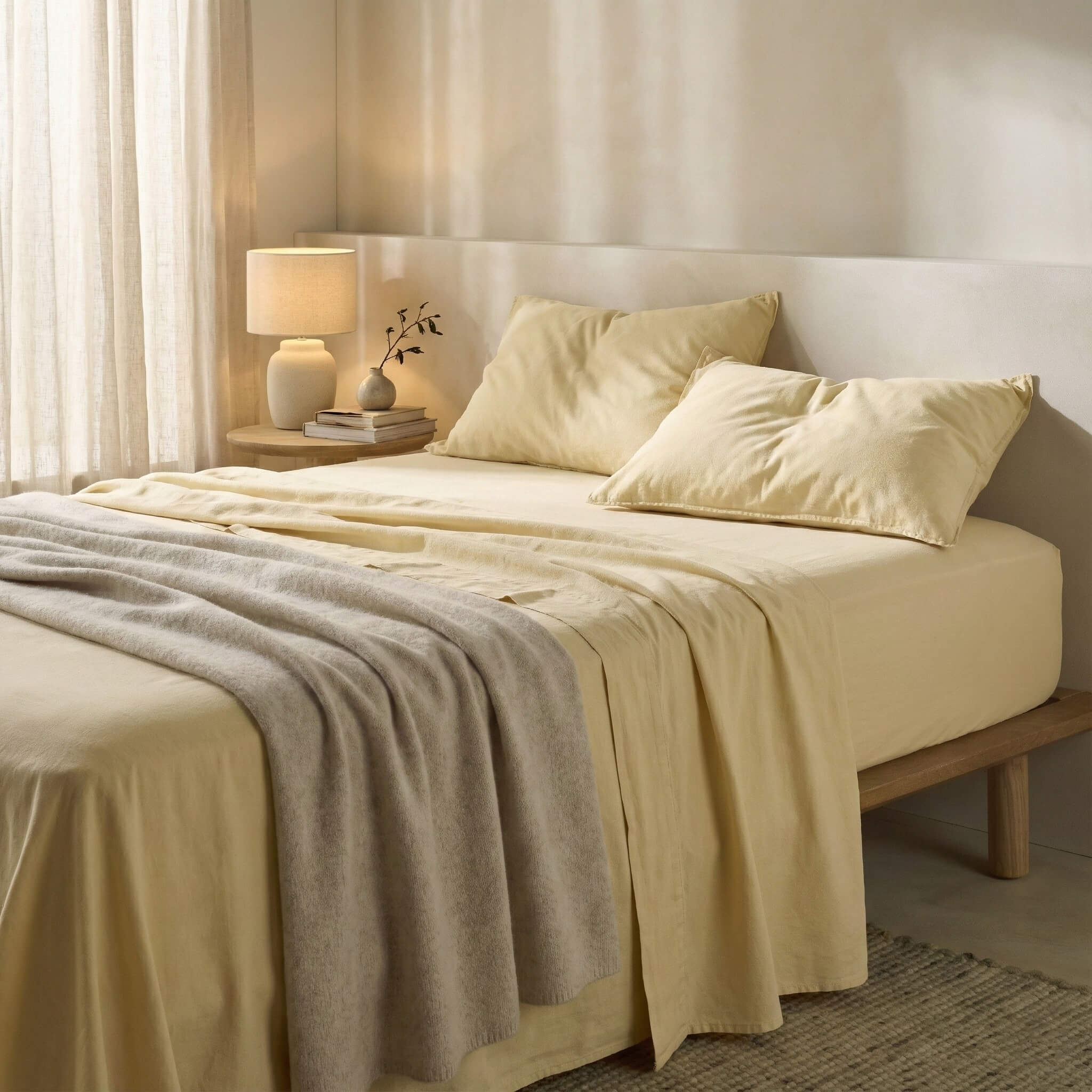 The Honest Label Washed Cotton Fitted Sheet in Butter with yellow tones fitted sheet product view THL product image 1