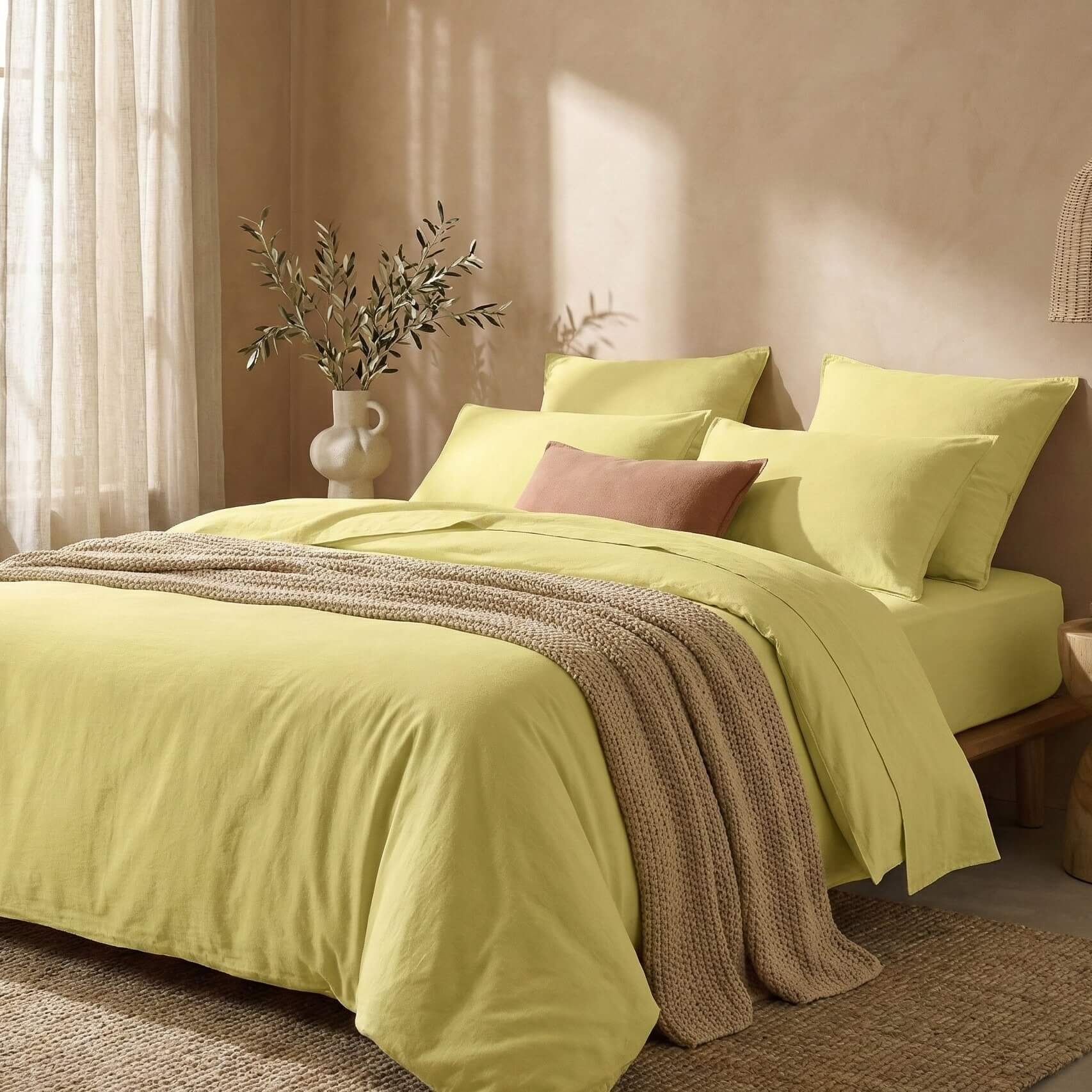 The Honest Label Washed Cotton Quilt Cover in Butter with yellow tones quilt cover styled bedroom view