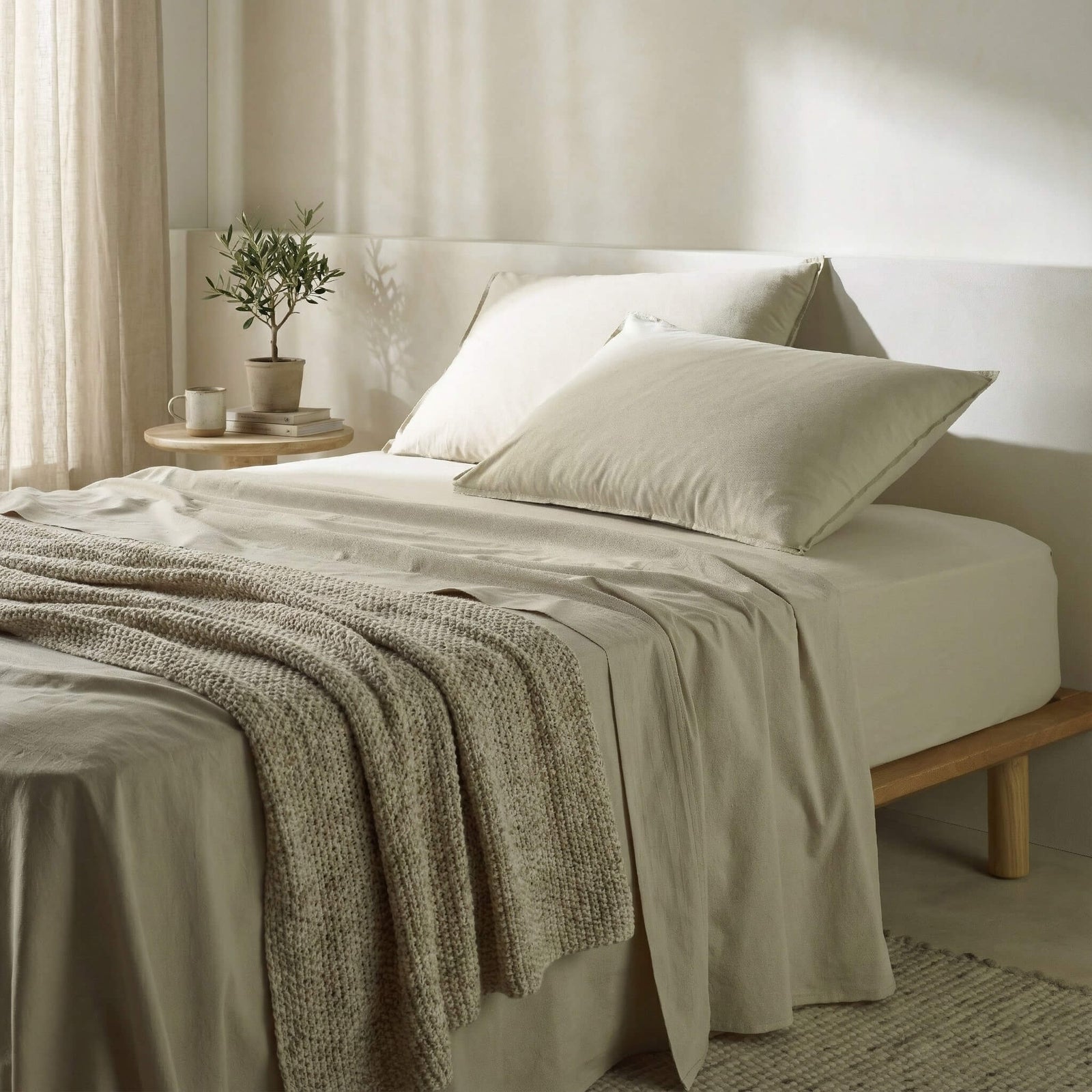 The Honest Label Washed Cotton Fitted Sheet in Flax with beige tones fitted sheet product view THL product image 1