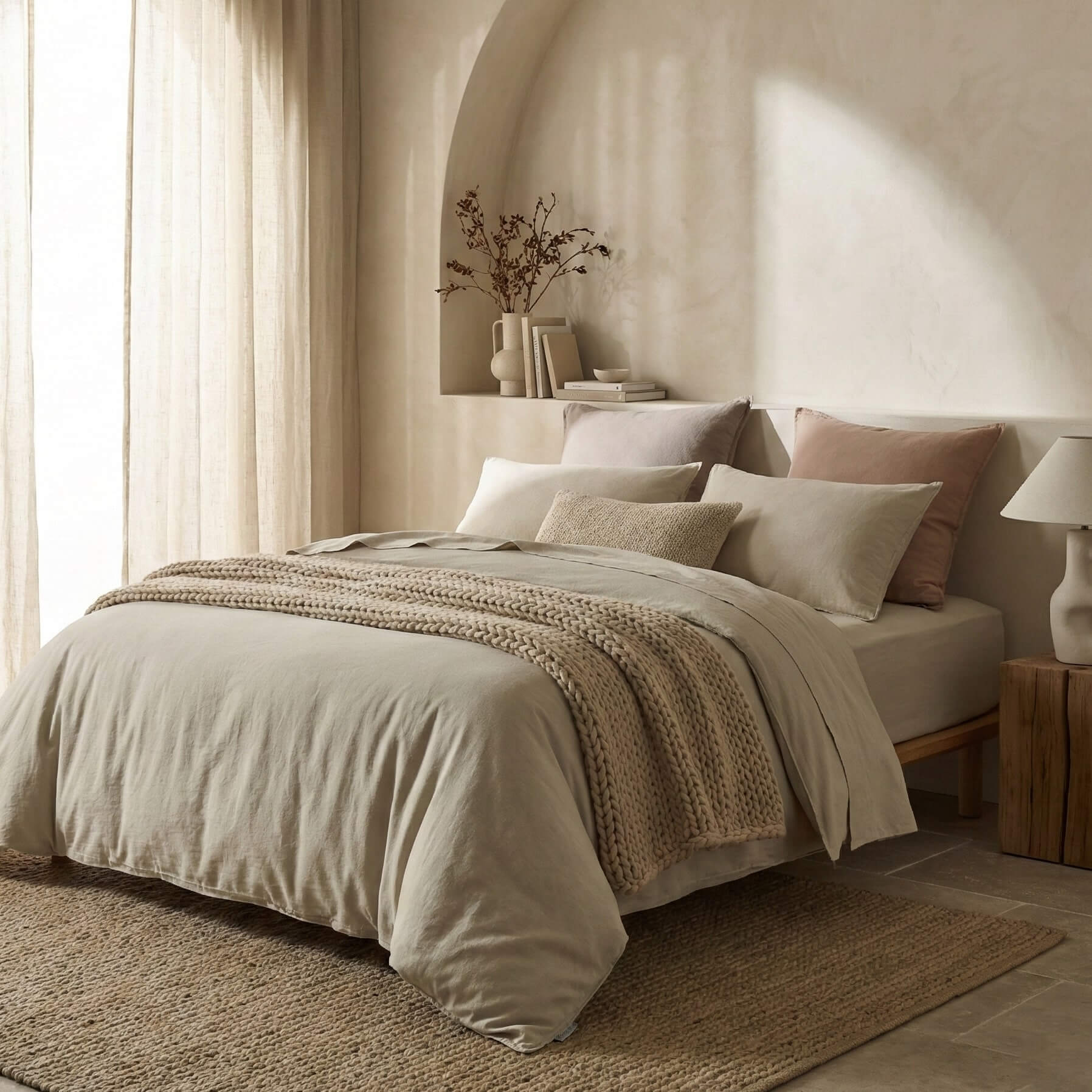 The Honest Label Washed Cotton Quilt Cover in Flax with beige tones quilt cover styled bedroom view