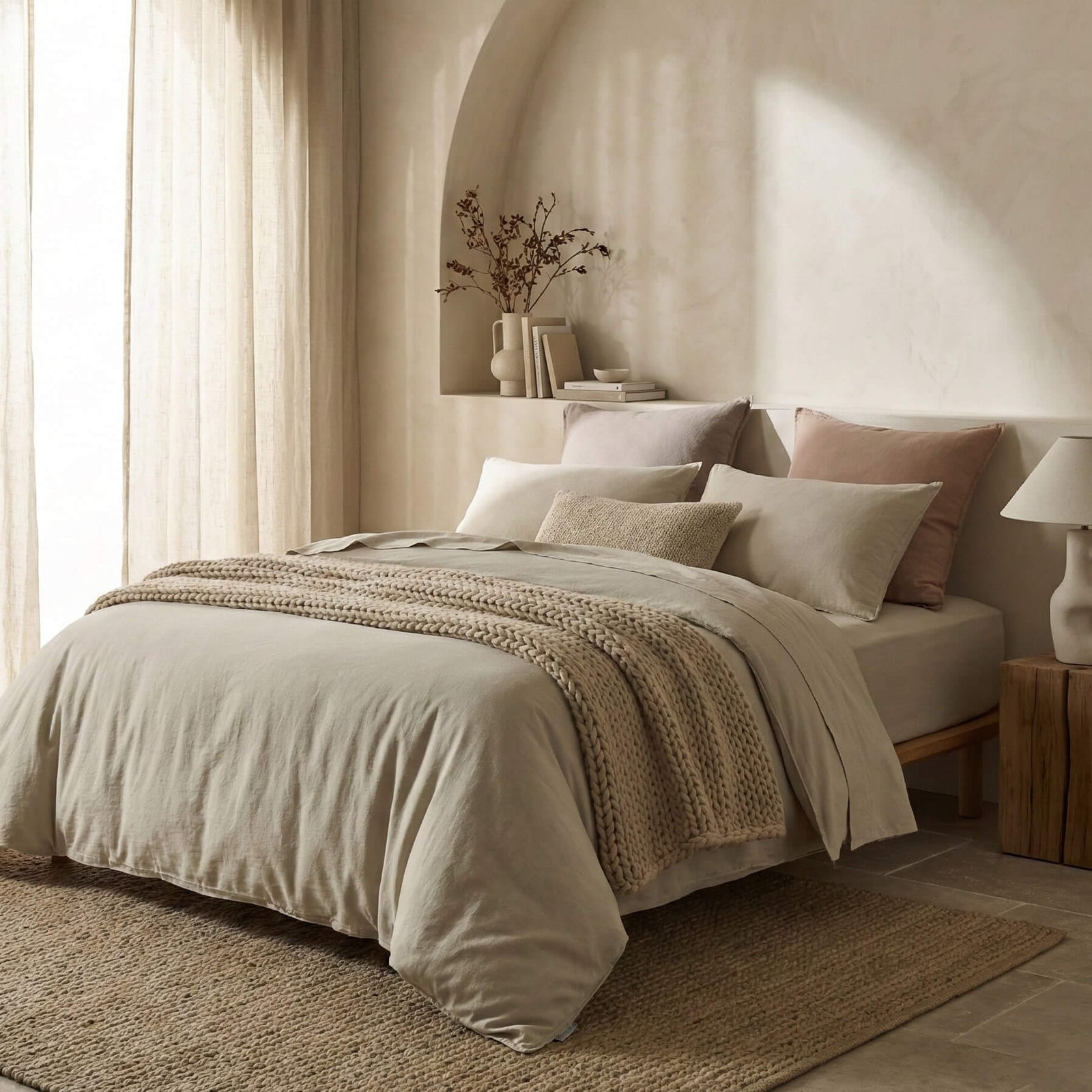 The Honest Label Washed Cotton Quilt Cover in Flax with beige tones quilt cover styled bedroom view