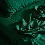 The Honest Label Pure Linen Fitted Sheet in Forest Green with green tones fitted sheet product view THL product image 2