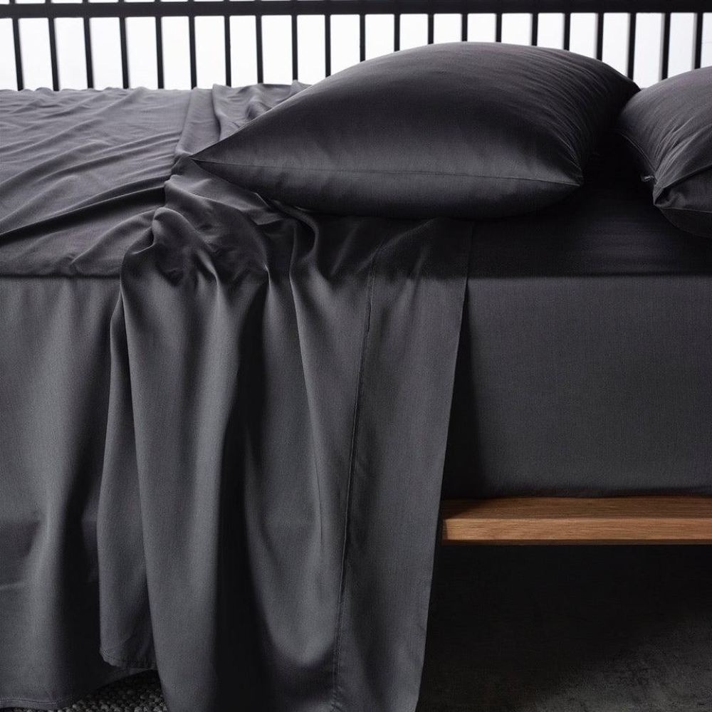 The Honest Label Graphite Cooling & Antimicrobial Sheet Set in Charcoal with grey tones sheet set product view THL product image 9