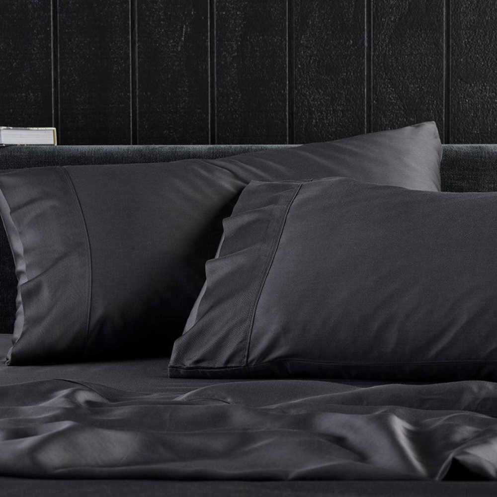 The Honest Label Graphite Cooling & Antimicrobial Sheet Set in Charcoal with grey tones sheet set product view THL product image 3