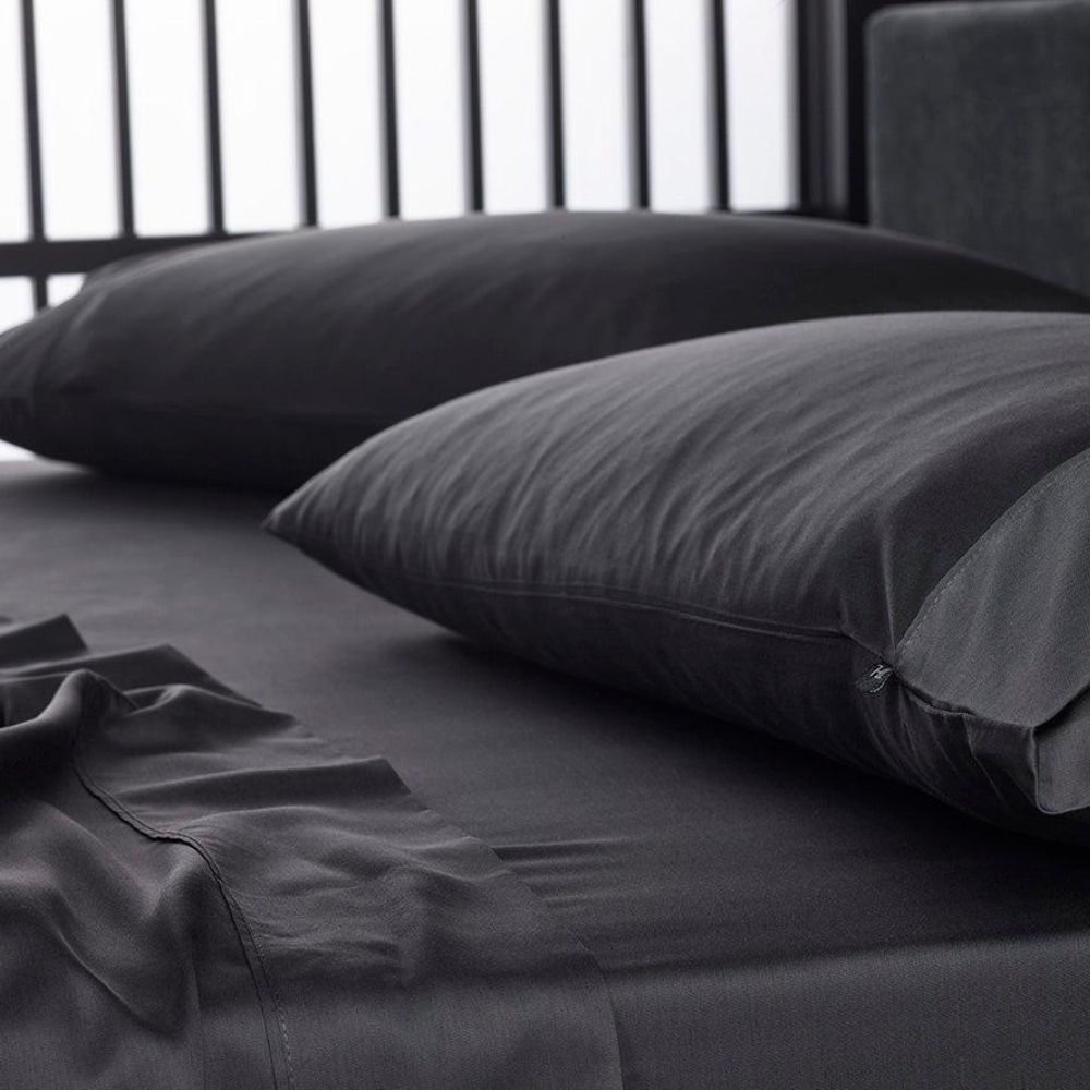 The Honest Label Graphite Cooling & Antimicrobial Sheet Set in Charcoal with grey tones sheet set product view THL product image 6