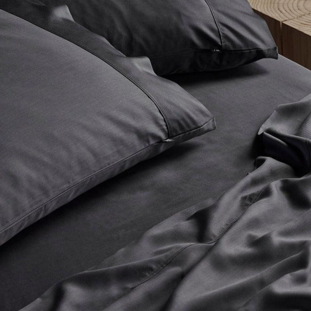 The Honest Label Graphite Cooling & Antimicrobial Sheet Set in Charcoal with grey tones sheet set product view THL product image 7