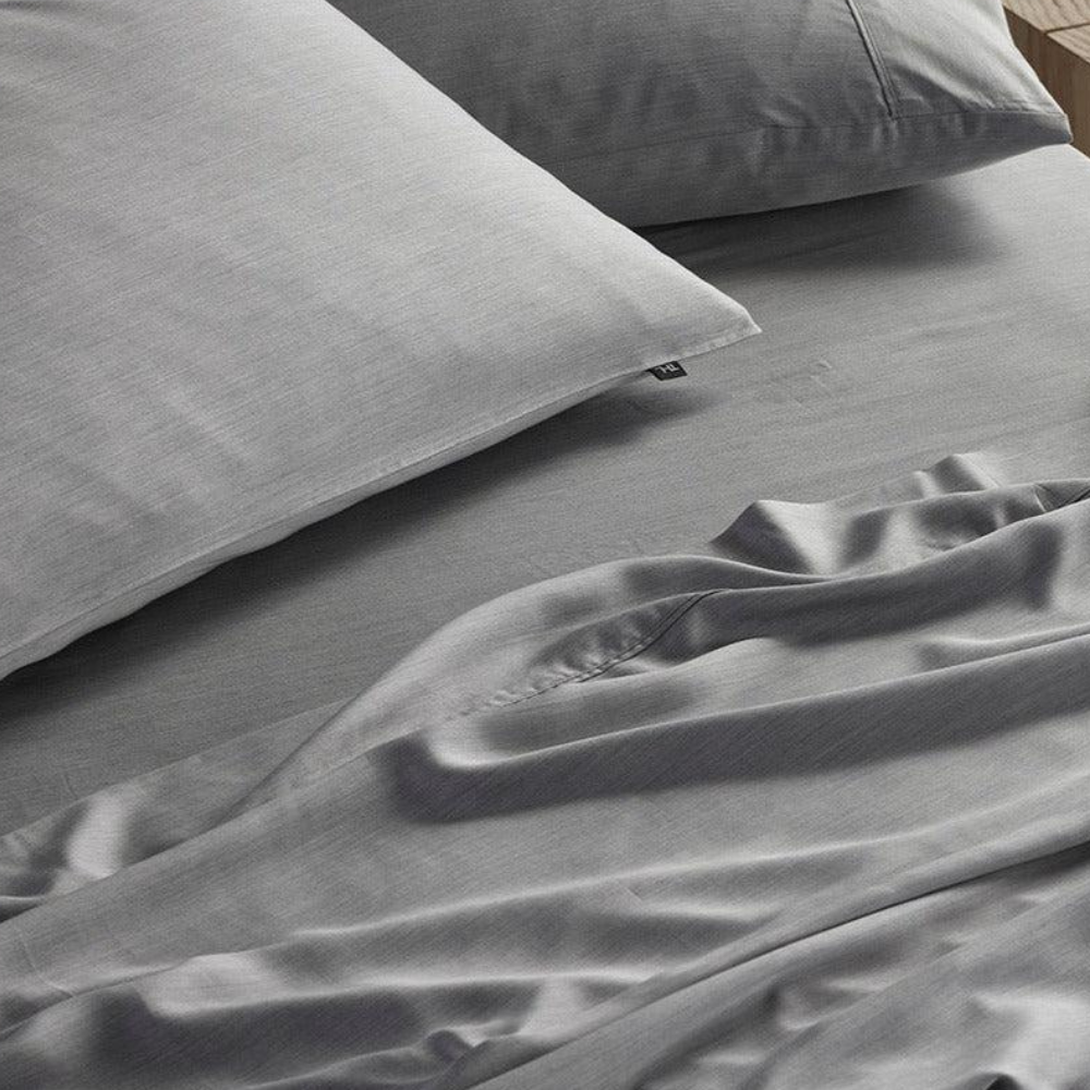 The Honest Label Graphite Cooling & Antimicrobial Sheet Set in Silver with grey tones sheet set product view THL product image 3