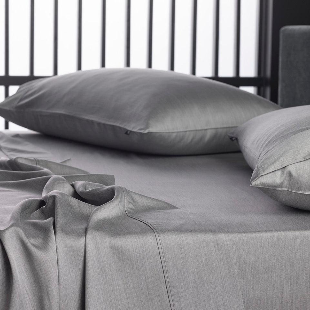 The Honest Label Graphite Cooling & Antimicrobial Sheet Set in Silver with grey tones sheet set product view THL product image 1