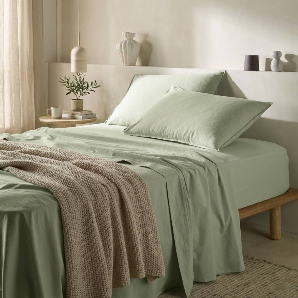 The Honest Label Washed Cotton Fitted Sheet in Sage with green tones fitted sheet product view THL product image 1
