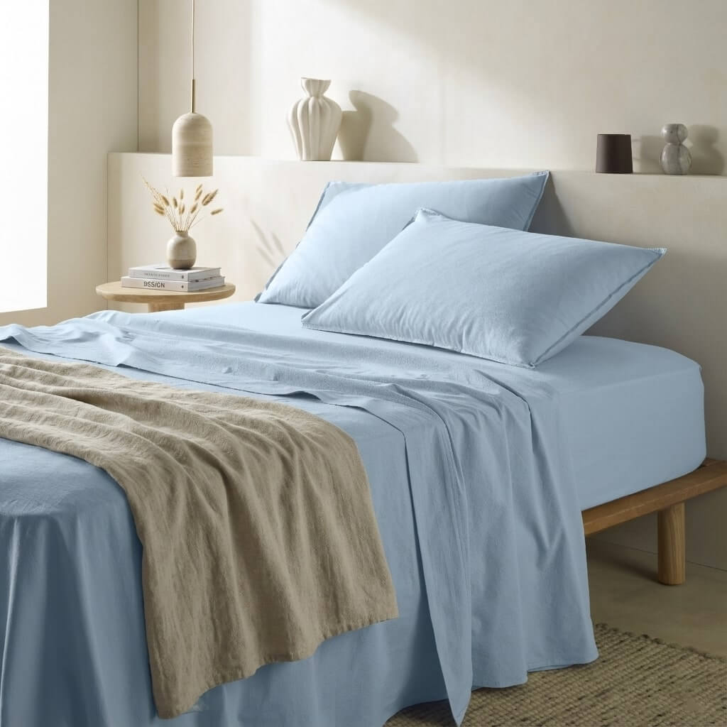 The Honest Label Washed Cotton Fitted Sheet in Skye with blue tones fitted sheet product view THL product image 1