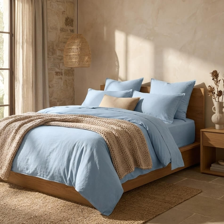 The Honest Label Washed Cotton Quilt Cover in Skye with blue tones quilt cover styled bedroom view