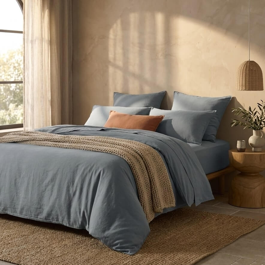 The Honest Label Washed Cotton Quilt Cover in Slate with grey tones quilt cover styled bedroom view