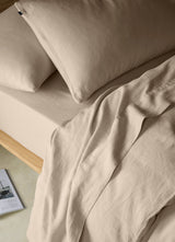The Honest Label Pure Linen Fitted Sheet in Warm Taupe with beige tones fitted sheet product view THL product image 2