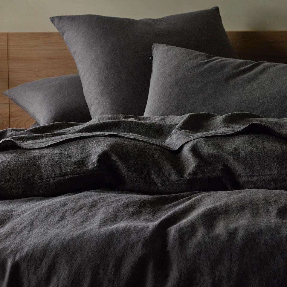 The Honest Label Pure Linen Quilt Cover Set Incl Pillowcases in Charcoal with grey tones pillowcase product view THL product image 3