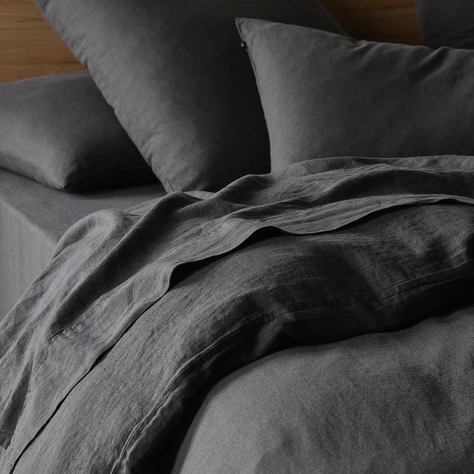 The Honest Label Pure Linen Quilt Cover Set Incl Pillowcases in Charcoal with grey tones pillowcase product view THL product image 1