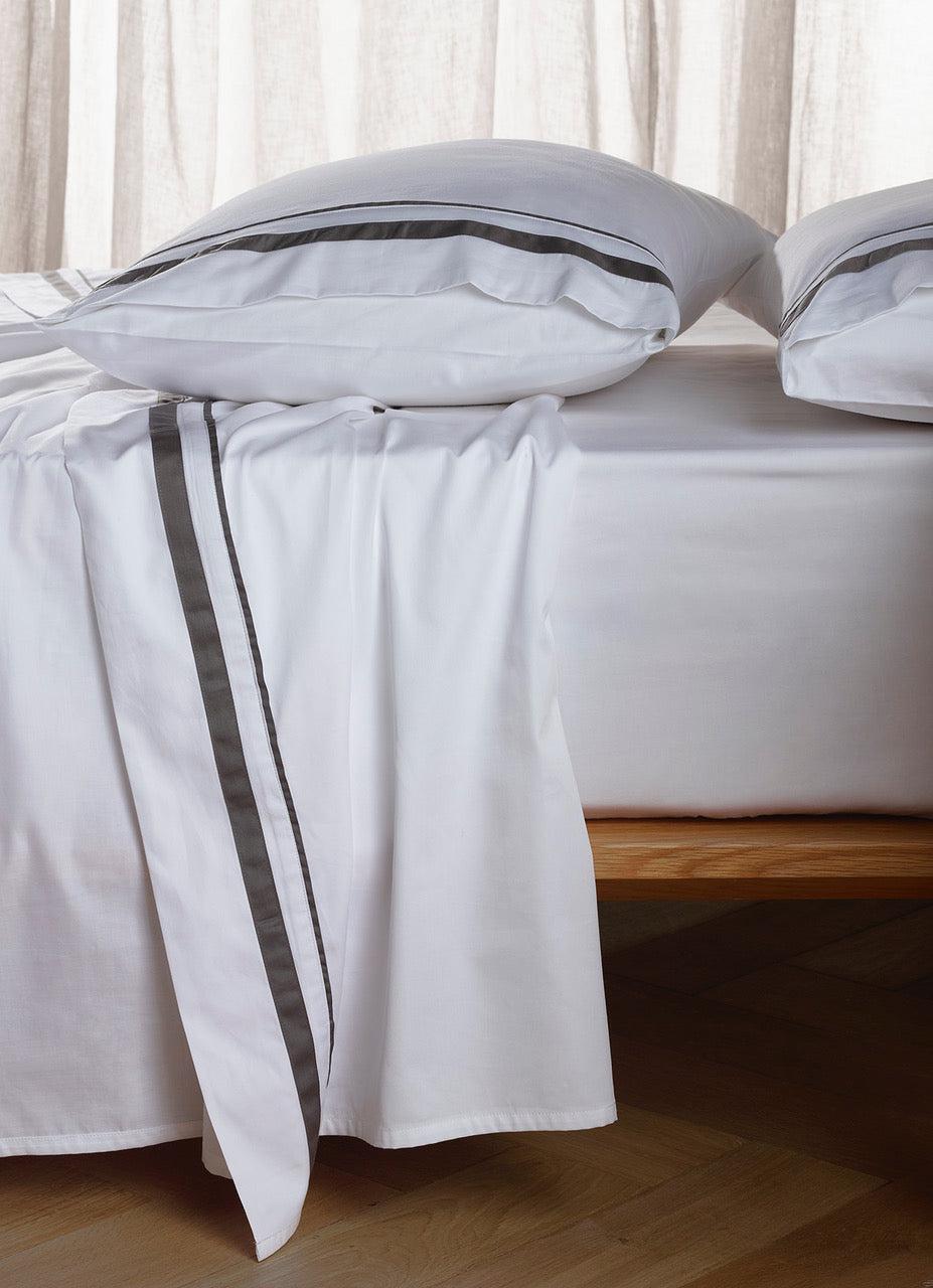 The Honest Label Organic Cotton Sheet Set with Trim in Charcoal with grey tones sheet set product view THL product image 1