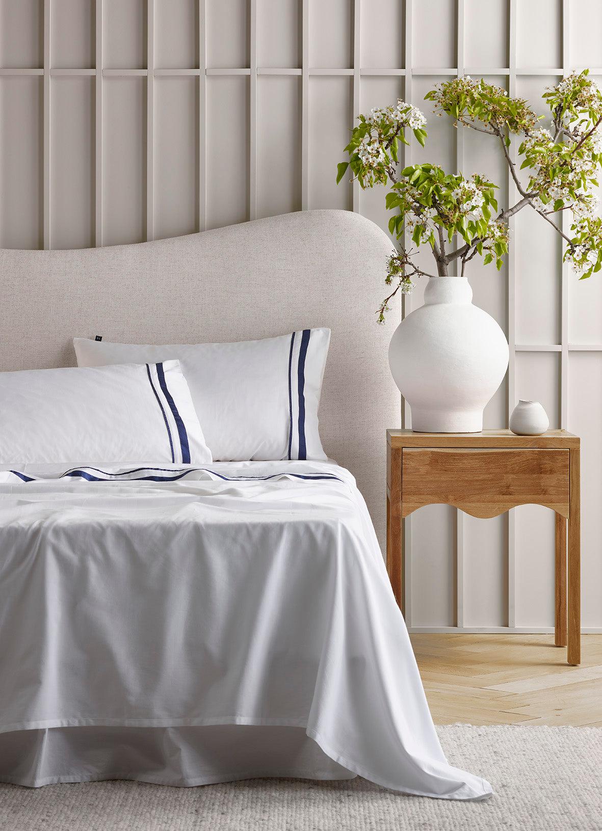 The Honest Label Organic Cotton Sheet Set with Trim in Navy with blue tones sheet set product view THL product image 3