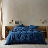 The Honest Label Pure Linen Quilt Cover Set Incl Pillowcases in Ocean Blue with blue tones pillowcase styled option view
