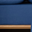 The Honest Label Pure Linen Fitted Sheet in Ocean Blue with blue tones fitted sheet close up detail THL product image 1