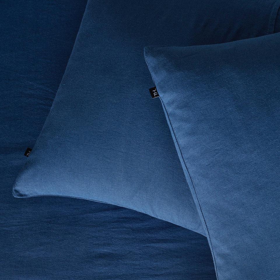 The Honest Label Pure Linen Standard Pillowcase (2 Pack) in Ocean Blue with blue tones pillowcase close up detail THL product image 1