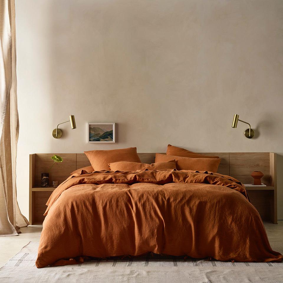 The Honest Label Pure Linen Quilt Cover Set Incl Pillowcases in Red Earth with red tones pillowcase styled option view