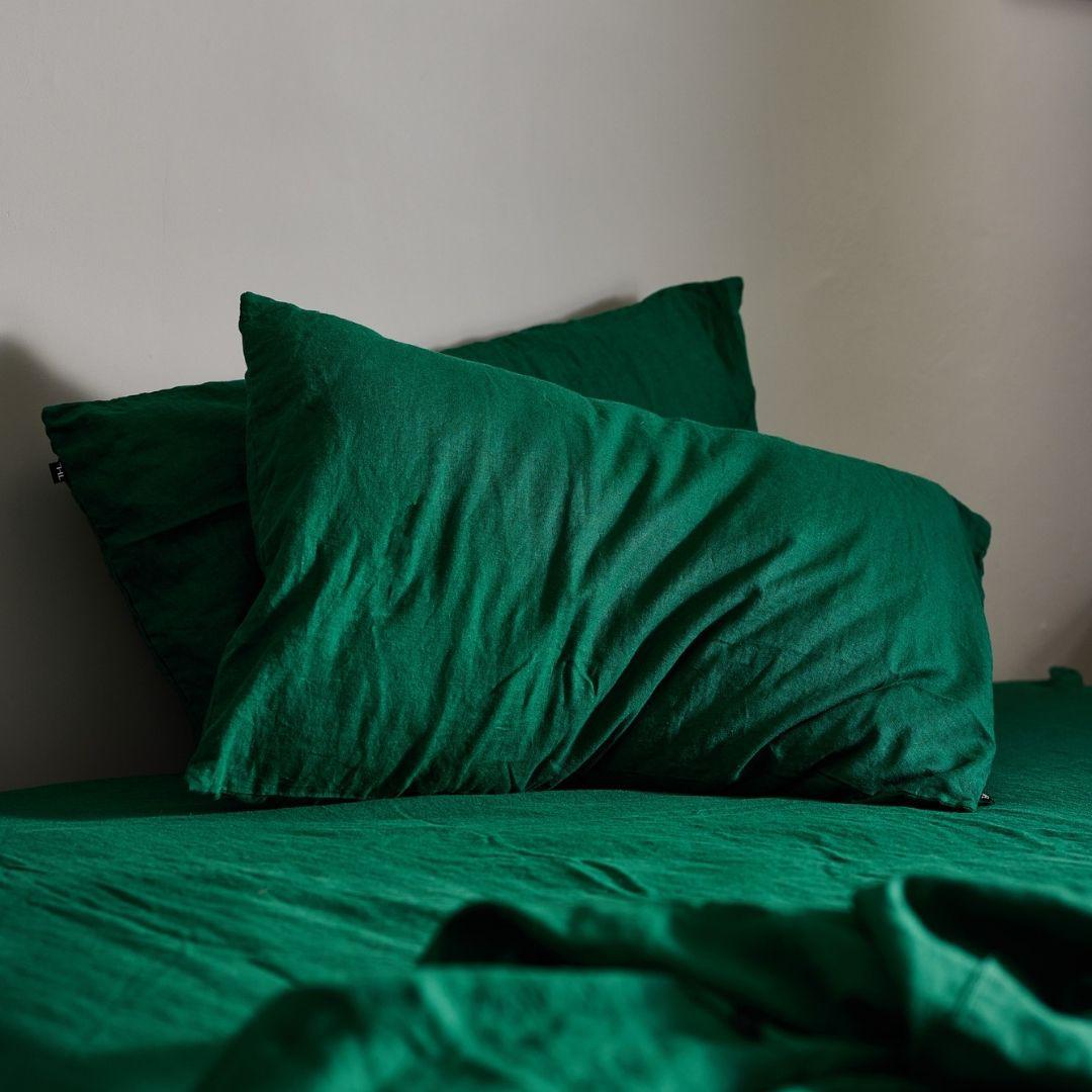 The Honest Label Pure Linen Standard Pillowcase (2 Pack) in Forest Green with green tones pillowcase product view THL product image 1