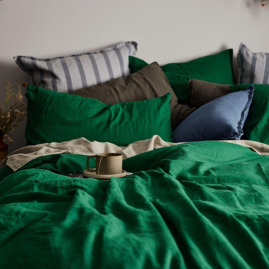 The Honest Label Pure Linen Quilt Cover Set Incl Pillowcases in Forest Green with green tones pillowcase product view THL product image 2