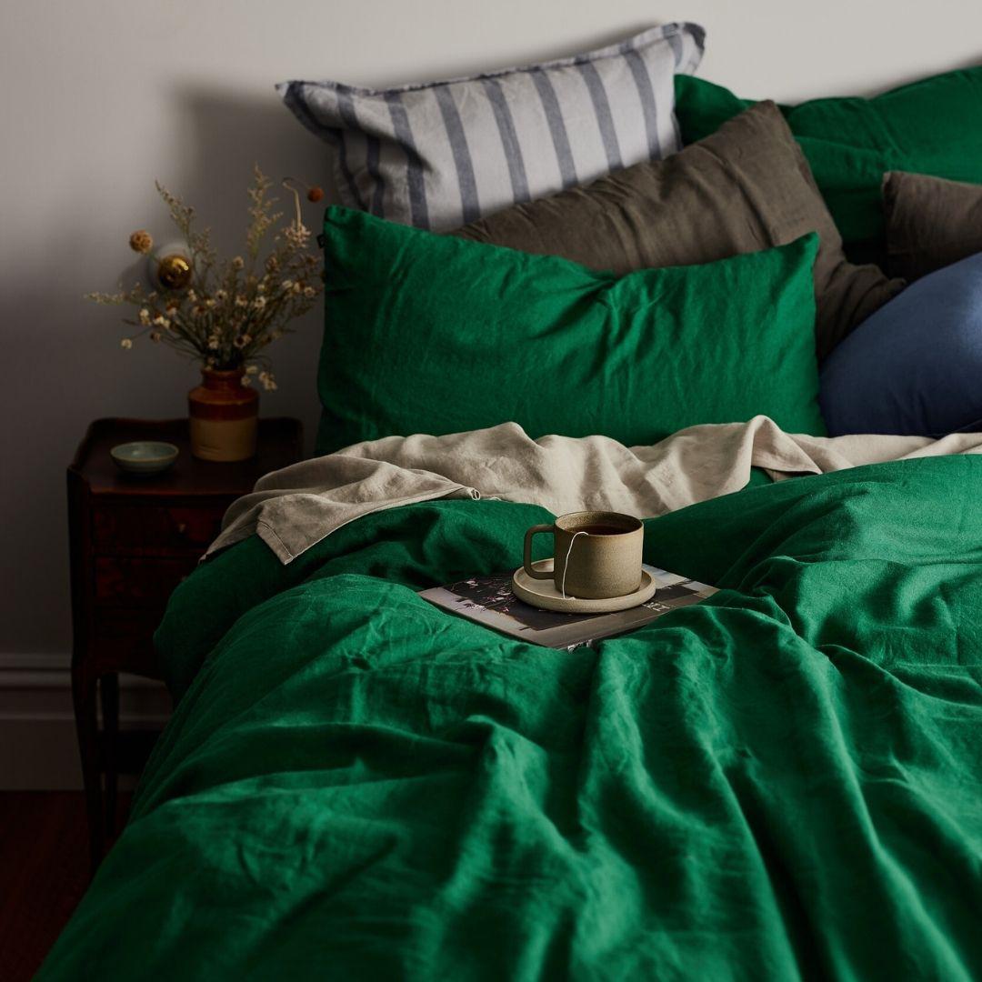 The Honest Label Pure Linen Quilt Cover Set Incl Pillowcases in Forest Green with green tones pillowcase product view THL product image 3