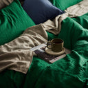 The Honest Label Pure Linen Quilt Cover Set Incl Pillowcases in Forest Green with green tones pillowcase product view THL product image 4