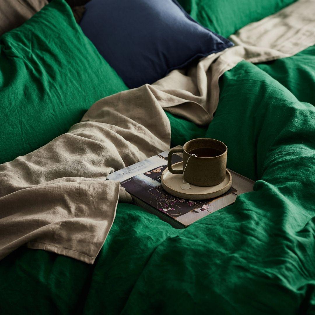 The Honest Label Pure Linen Quilt Cover Set Incl Pillowcases in Forest Green with green tones pillowcase product view THL product image 4
