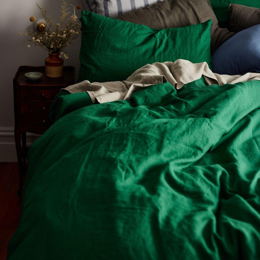 The Honest Label Pure Linen Quilt Cover Set Incl Pillowcases in Forest Green with green tones pillowcase product view THL product image 1
