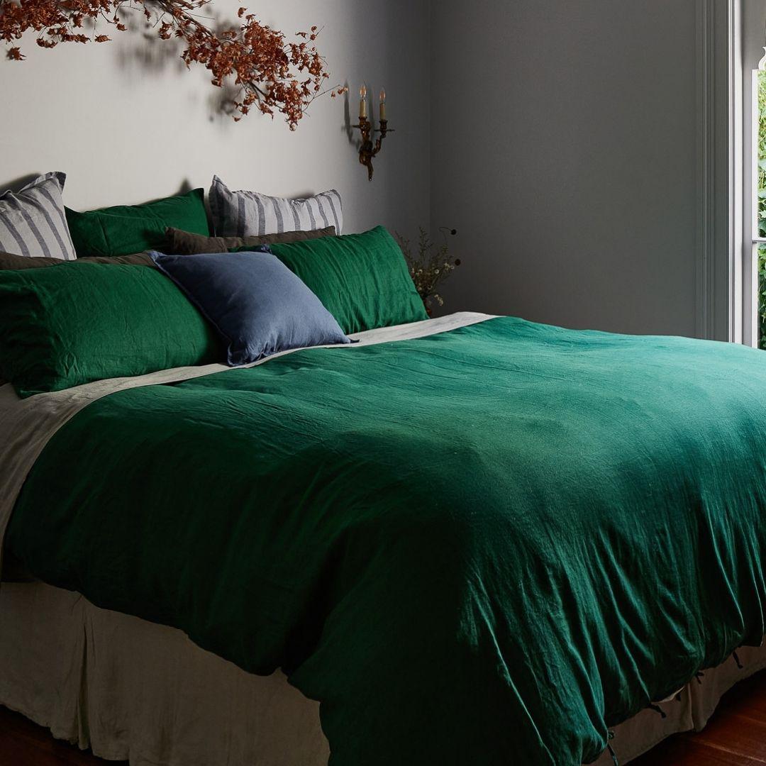 The Honest Label Pure Linen Quilt Cover Set Incl Pillowcases in Forest Green with green tones pillowcase product view THL product image 5